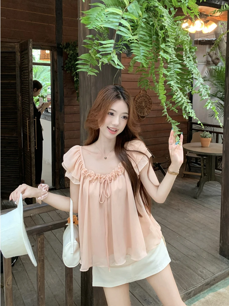 

Sweet Chic Wooden Bowknot Fly Sleeve Chiffon Top Women's Summer New Style Slimming Trendy Sweet Casual Loose Fit Shirt