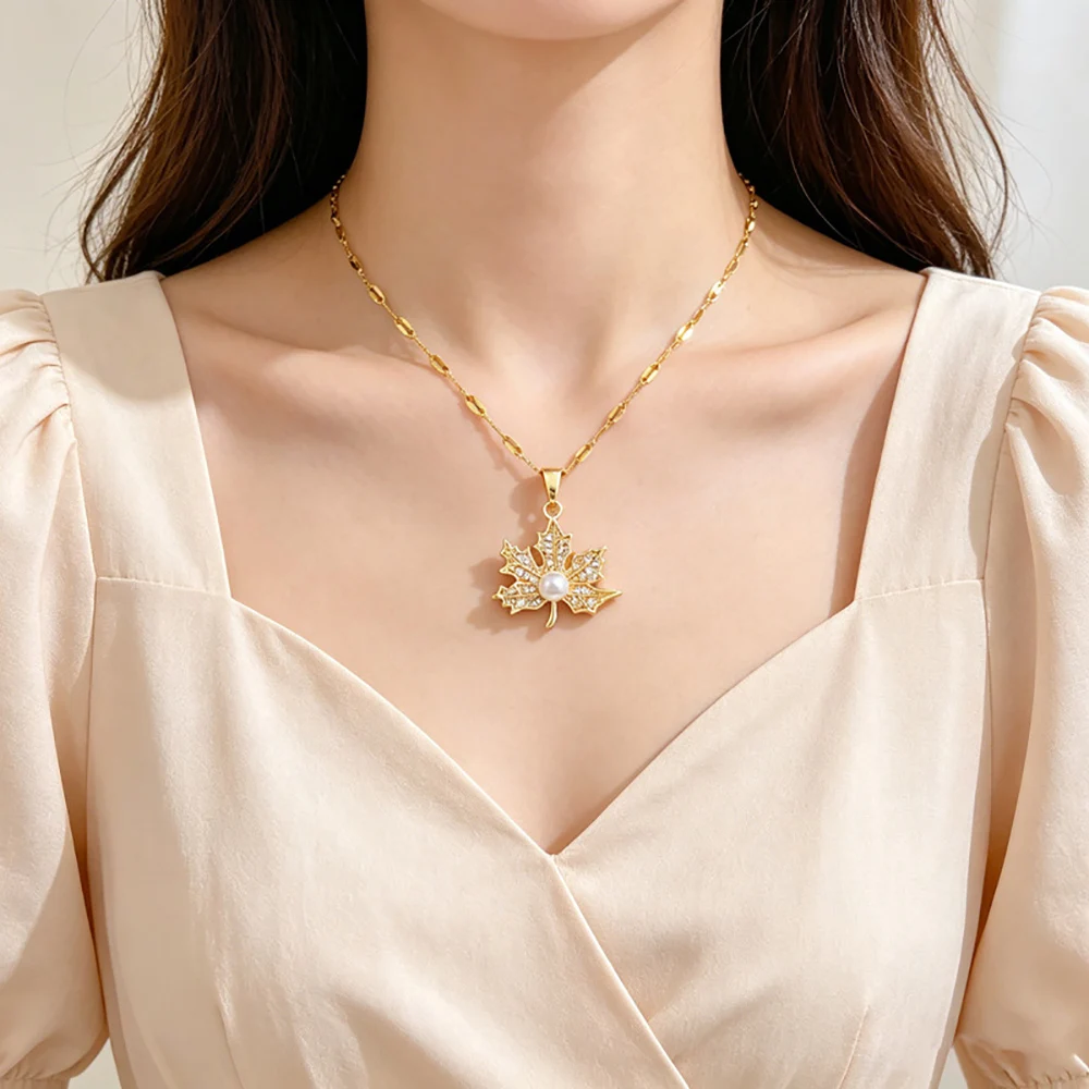 DIEYURO 316L Stainless Steel Golden Maple Leaf Pearl Zircon Light Luxury Pendant Necklace For Women Waterproof  Jewelry Gift view 4