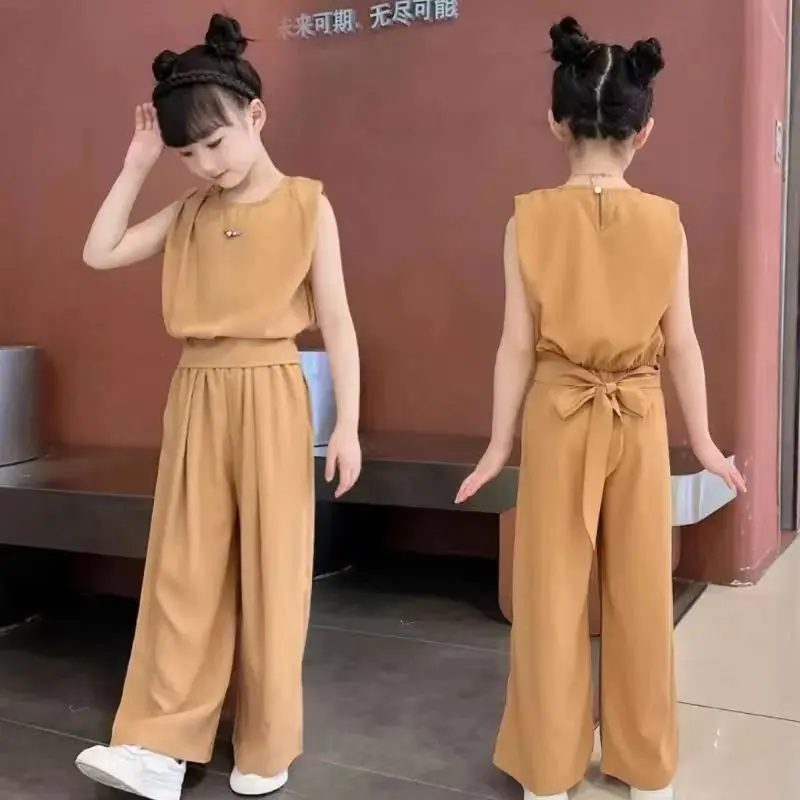 Summer 2024 Teen Girls Clothes Sets Children Sleeveless T-shirts + Wide Leg Pants 2PCS School Kids Clothing Suit 8 10 12 14 Year