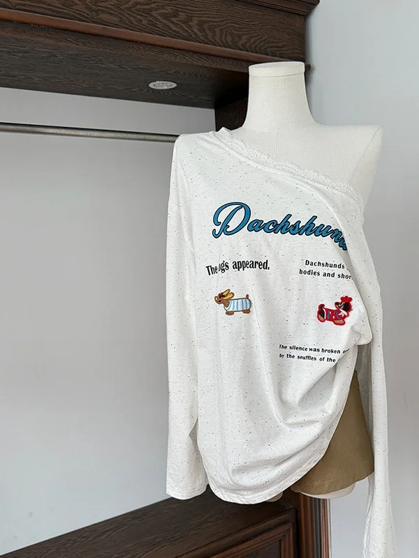 플러스 사이즈 300 Pou 여성용 티셔츠 긴 소매 레이스 스플라이싱 컬러 도트 디자인 캐주얼 슬레 루즈핏 가을 탑