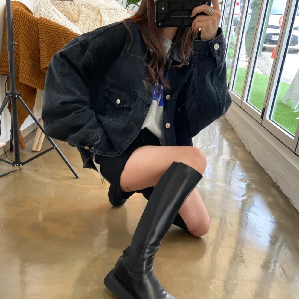 시크 여성 데님 재킷 출퇴근용 루즈핏 겨울 신상품 심플 패션 아우터웨어 프레이드 헴