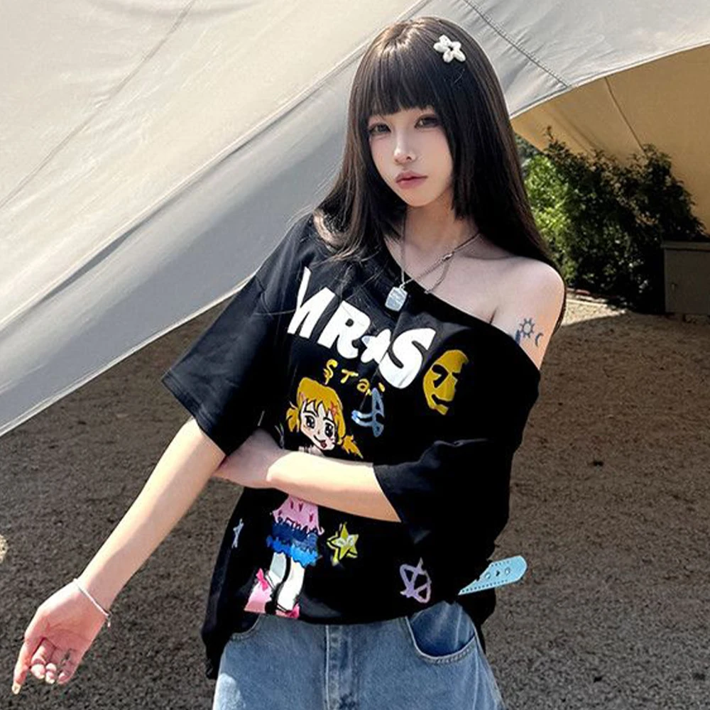 Hotweek Pattern T-shirt Cartoon Short Sleeve Summer Top Off Shoulder Printed T-shirt Women's 2000s Clothing Y2k T-shirt Unique