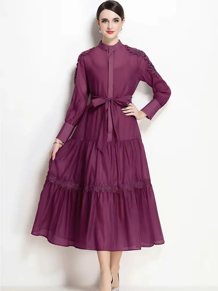 

Women's Long Shirt Dress Beaded Embroidery A-Line Maxi Casual Office Party Dress with Sashes - Long Sleeved Ladies Gown