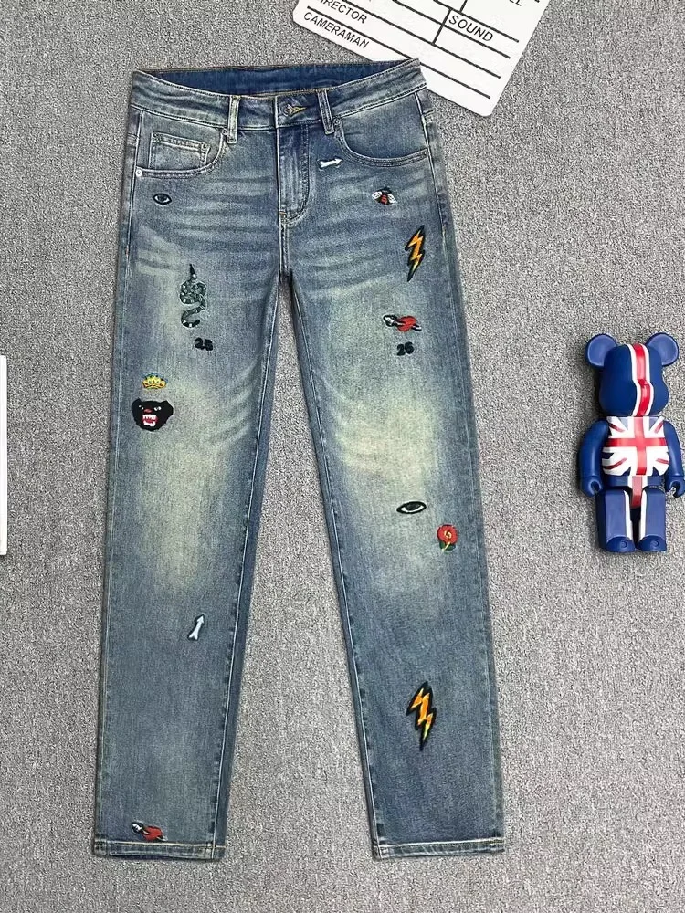 

Ele Летние тонкие мужские джинсы, прямые хлопковые эластичные повседневные длинные брюки, модные молодежные модные прямые брюки...