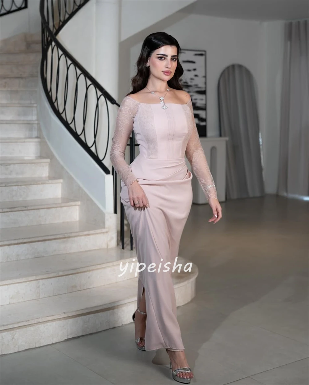 تخصيص أزياء أنيقة جيرسي الدانتيل Ruched العمود خارج على الكتف فساتين السهرة الطويلة فساتين الأحجام المتاحة النمط الحديث #2