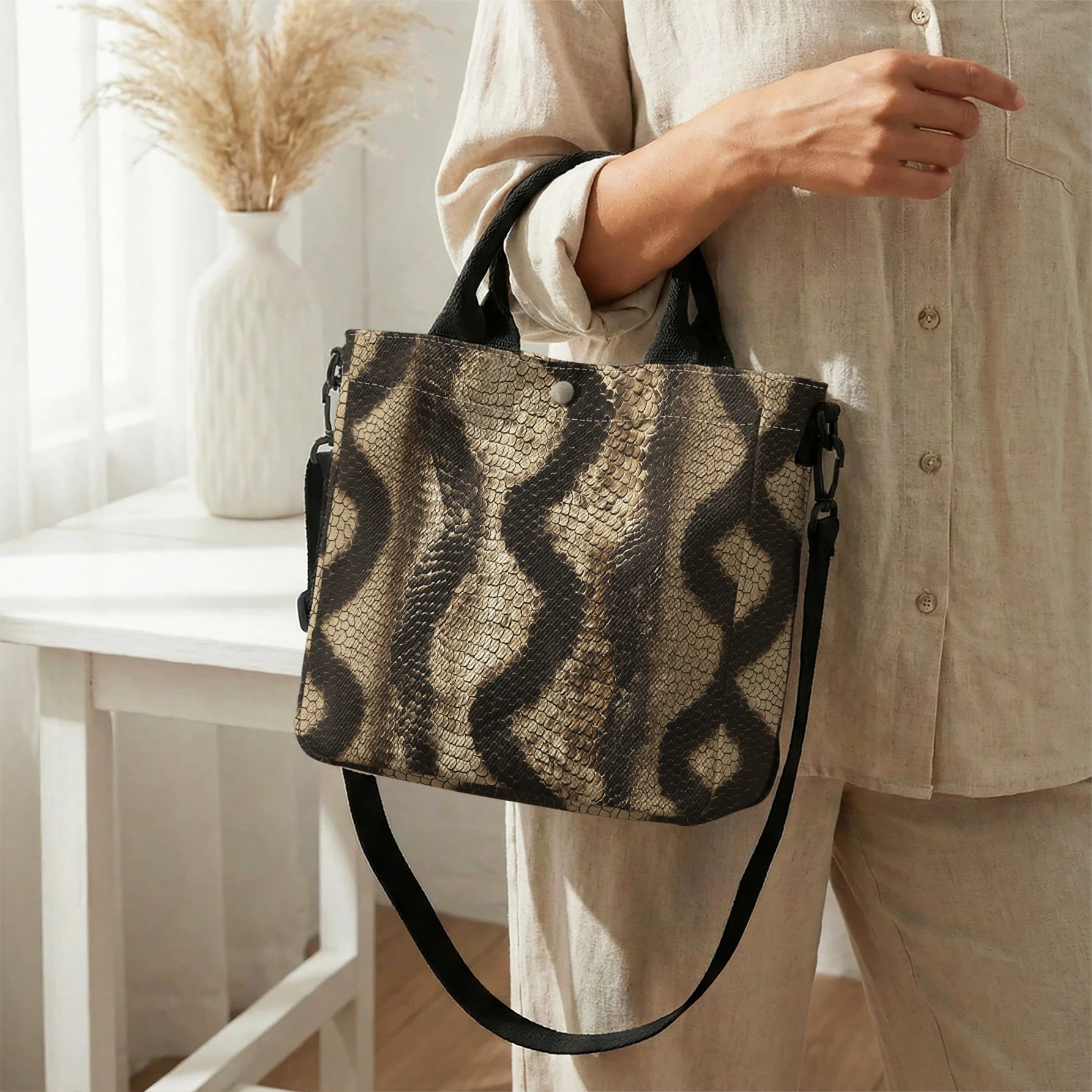 Snake Skin Pattern Print Tote Bag, Detachable Strap Crossbody Handbag For Daily Work Shopping