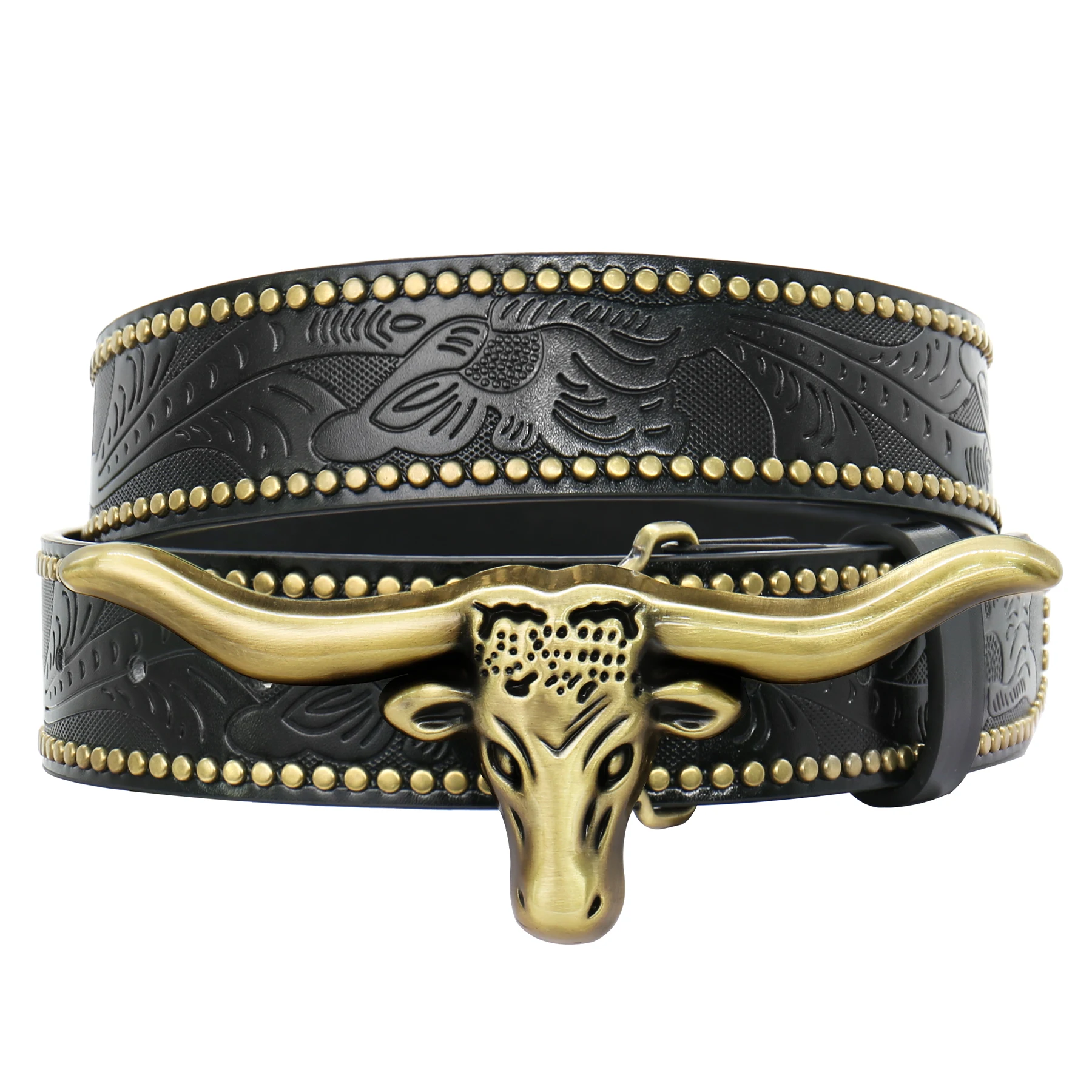Men Western Cowboy Belt, Cowgirl Country Embossed Floral Faux Leather Belts with Longhorn Bull Skull Buckle for Jeans