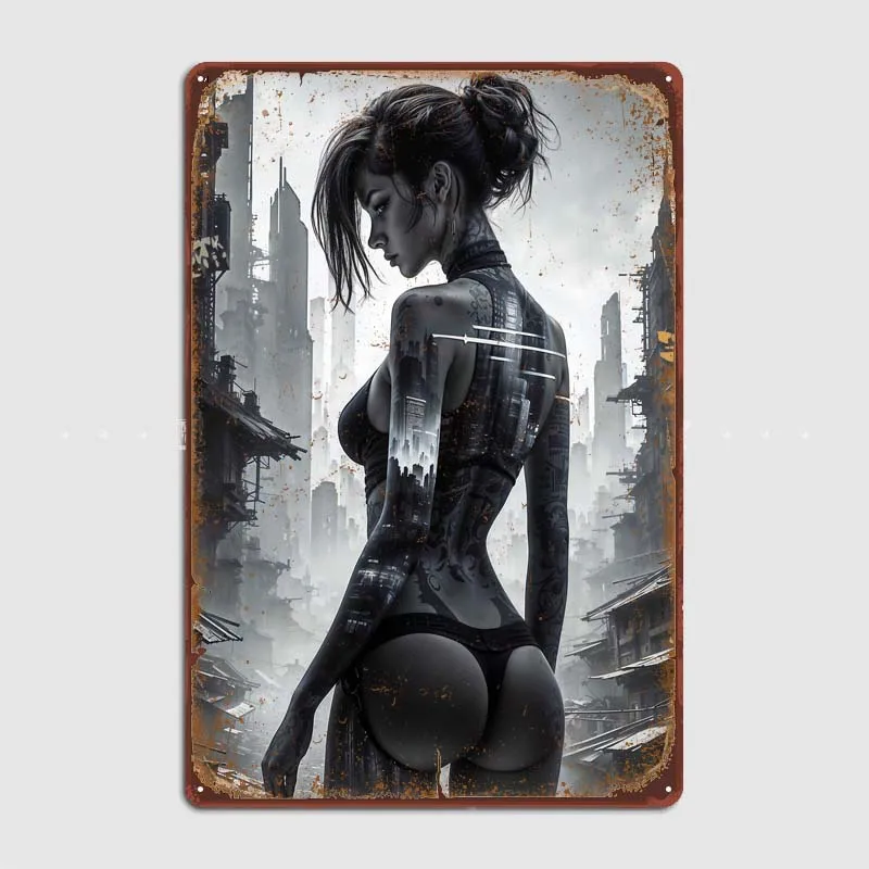 Sexy Cyberpunk City Girl Home Decoration Accessories Custom Metal Signs Poster Home Decor Items Gamer Room Decoration Vintage