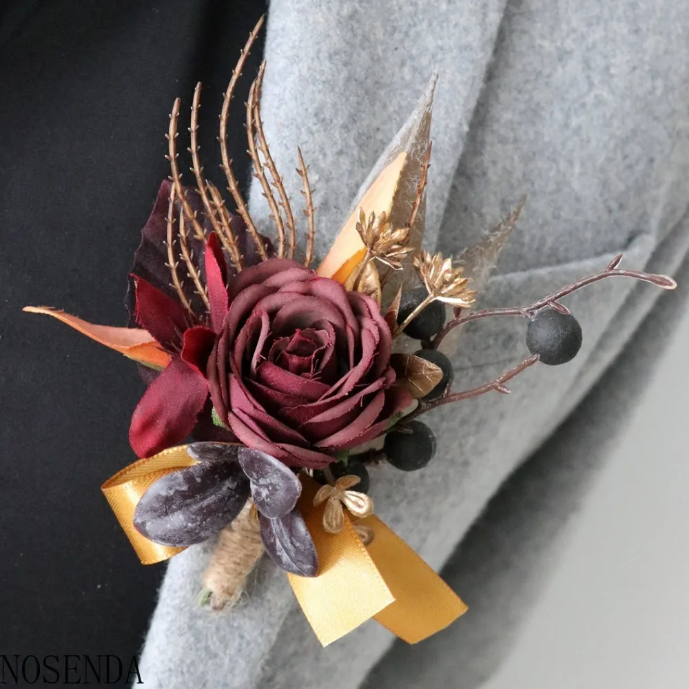 ブルゴーニュシルクローズ造花男性新郎ブートニア花嫁介添人手首コサージュブートニア結婚装飾