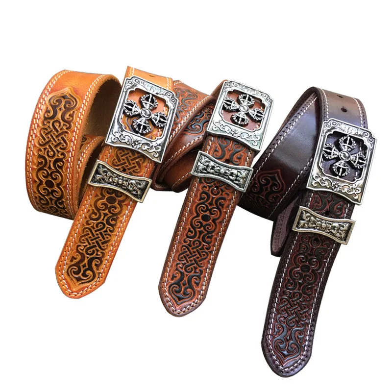 Top-grain leather men's casual belt with patterned buckle and ethnic style