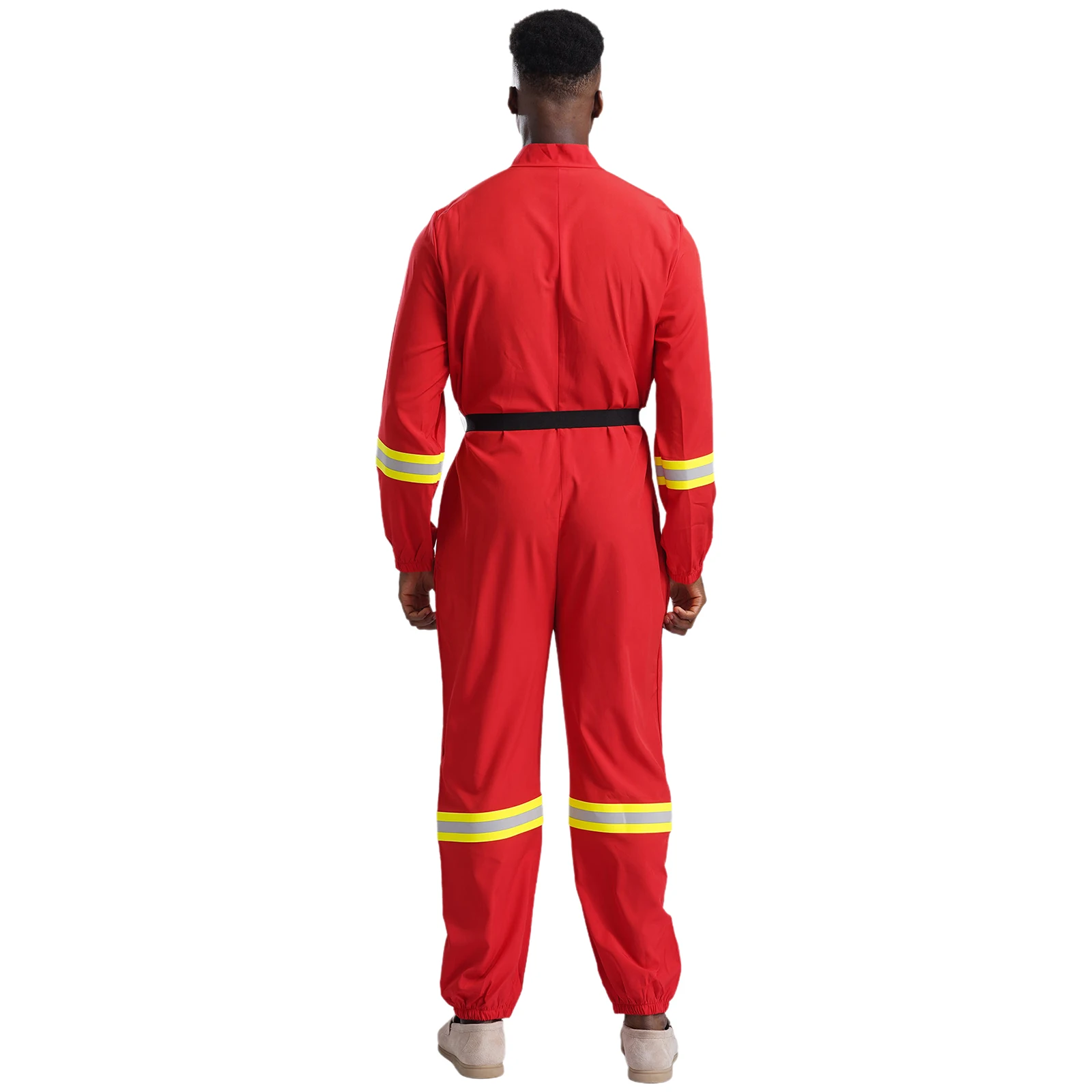 Mannen Brandweerman Cosplay Halloween Kostuums Jumpsuit met Riem Stand Kraag Lange Mouw Rits Rompertjes Carnaval Clubwear