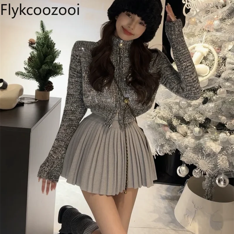 Women Autumn and Winter New Fashion Temperament Sequin Knit Sweater + High Waist Slimming Pleated Skirt Tweed Set