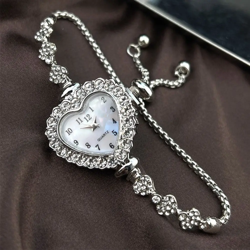Stainless Steel Quartz Watches Diamond Studded Watch Strap with Adjustable Bracelet Heart Shaped Watch Rhinestone