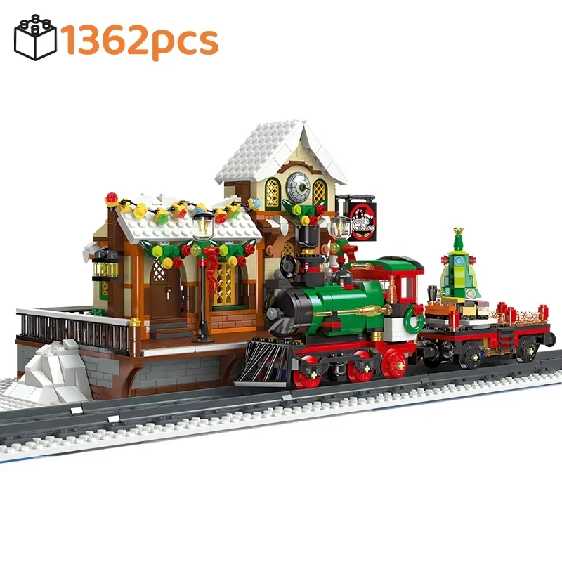 1362pcs Christmas Train Platform Building Blocks Set Winter Railway Station NO.89142 Model Street View Kids Assembly Toy Gift