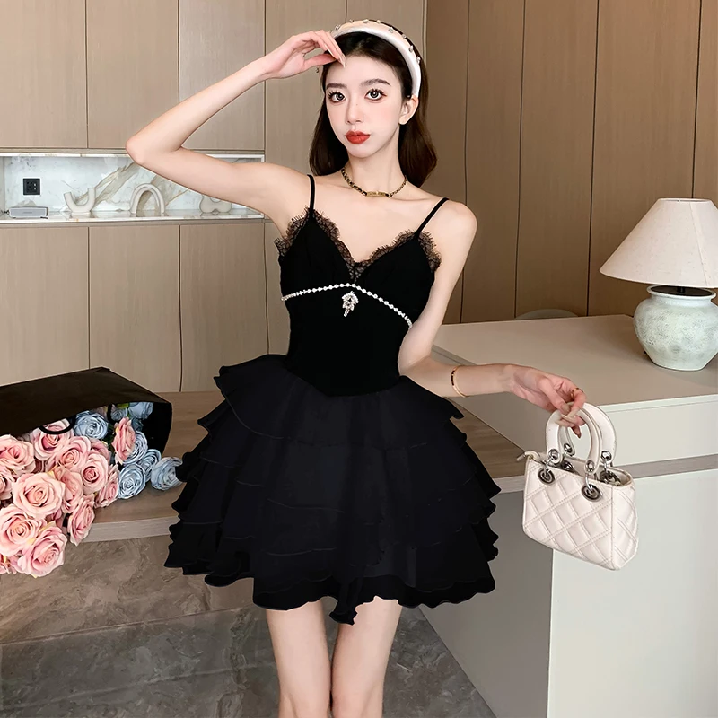 

French Style Advanced feeling Fluffy Princess Dress Women Summer New Style Temperament Splicing Lace Slim Fit Dress