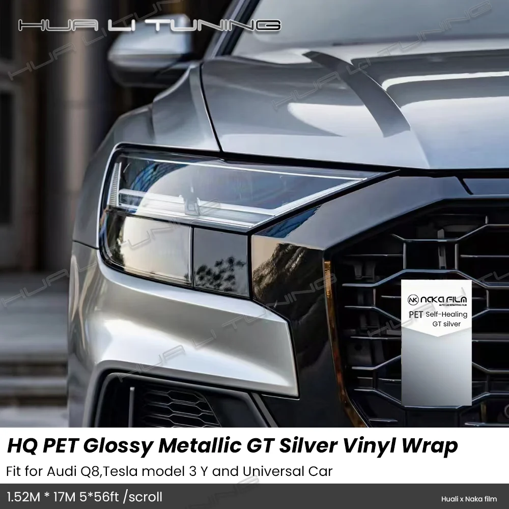 For Audi Tesla etc.PET Glossy Metallic GT Silver Vinyl Wrap LowTack 1.52*17M/Roll 5x56ft Air Bubble Free Scratch-Healing Film