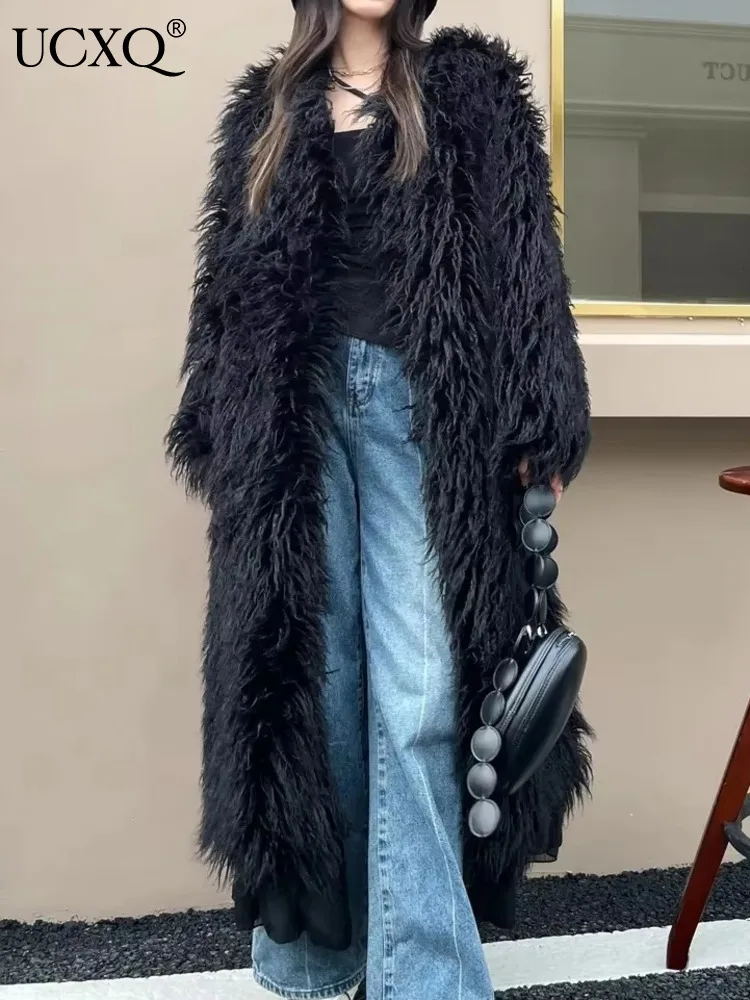 UCXQ Fashion Tide Long Outerwear European Style Lapel All Match Loose Casual Street Faux Fur Coat Women 2024 Autumn Winter C2513