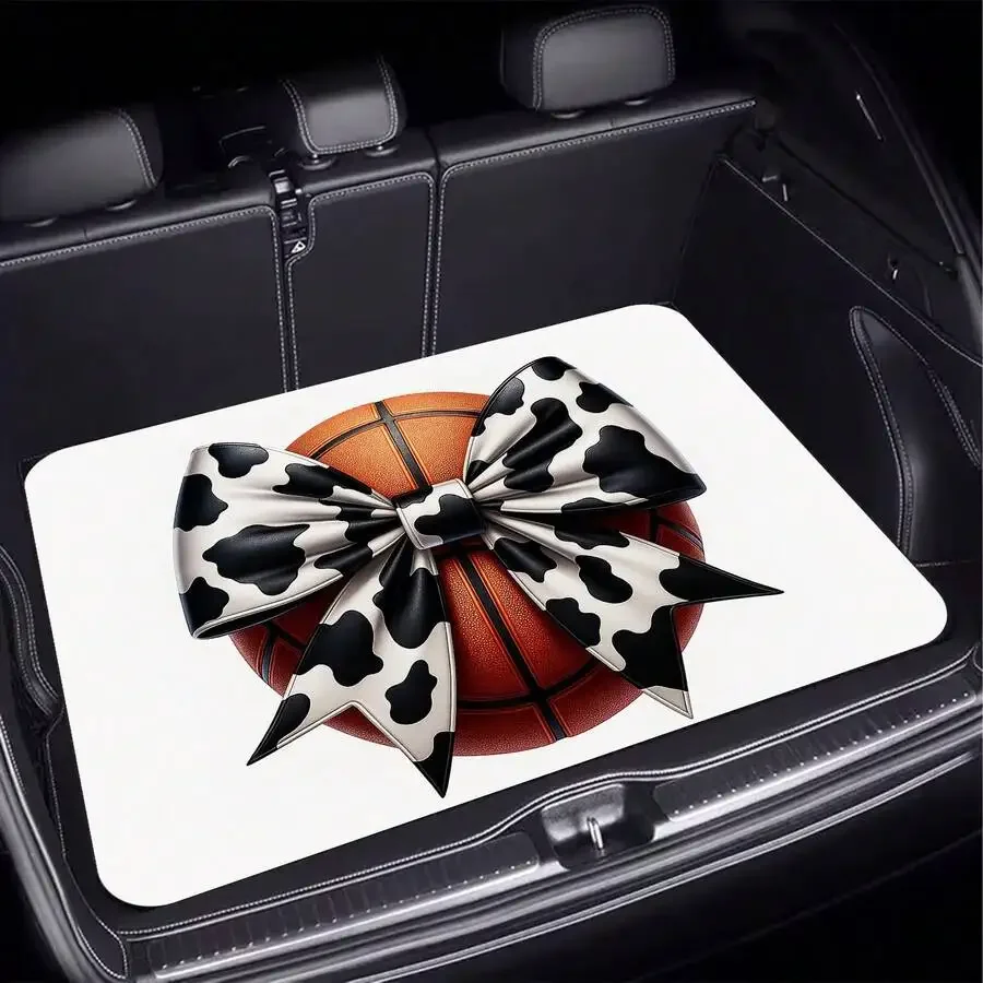 1 Piece, Car Trunk Mat With Basketball And Bow Decoration, Cow Print Pattern, Essential Travel Item, Universal For Various Car
