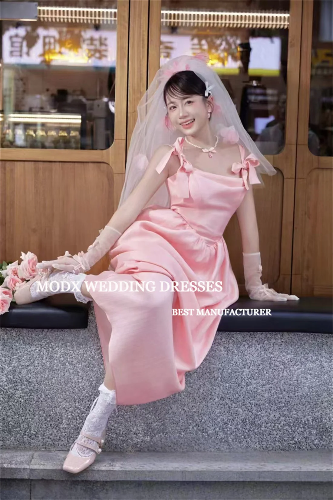 MODX Sweet Pink Evening Dresses Korea Wedding Photo shoot Strap Bowknot Soft Satin Ankle Length Evening Gowns Party Dresss