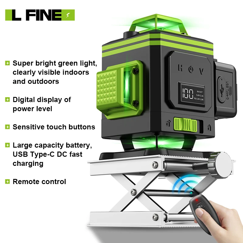 LFINE Self-Leveling Laser Level HD Power Display Nivel Laser 4D 16 Lines Laser 360° with Telecontrol and Base Construction Tools