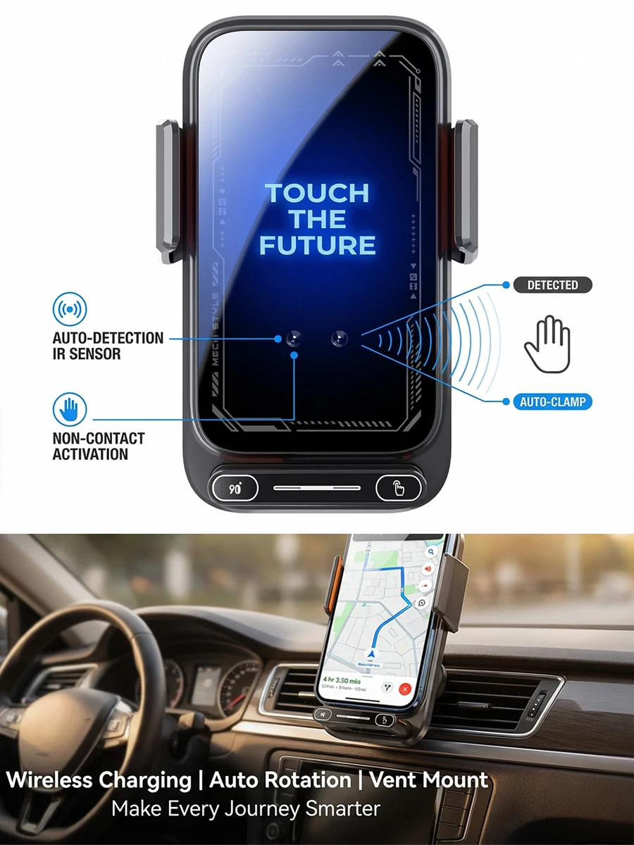 Auto-Sensing Qi Fast Wireless Charger Autotelefonhalter Halterung One-Touch Release & Rotation Drehbarer USB-Anschluss für iPhone Android – Detail 1