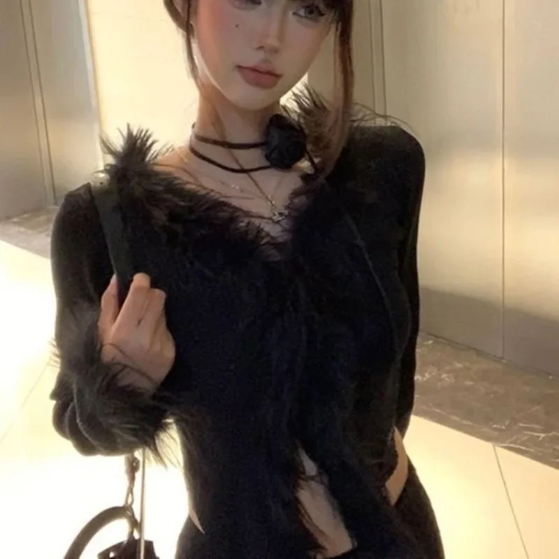 Black Sexy Furry V-neck Knitted Tops Mujer 2024 Autumn Winter New Cardigan Coat Women Y2k Slim Fit Long Sleeve Sweaters