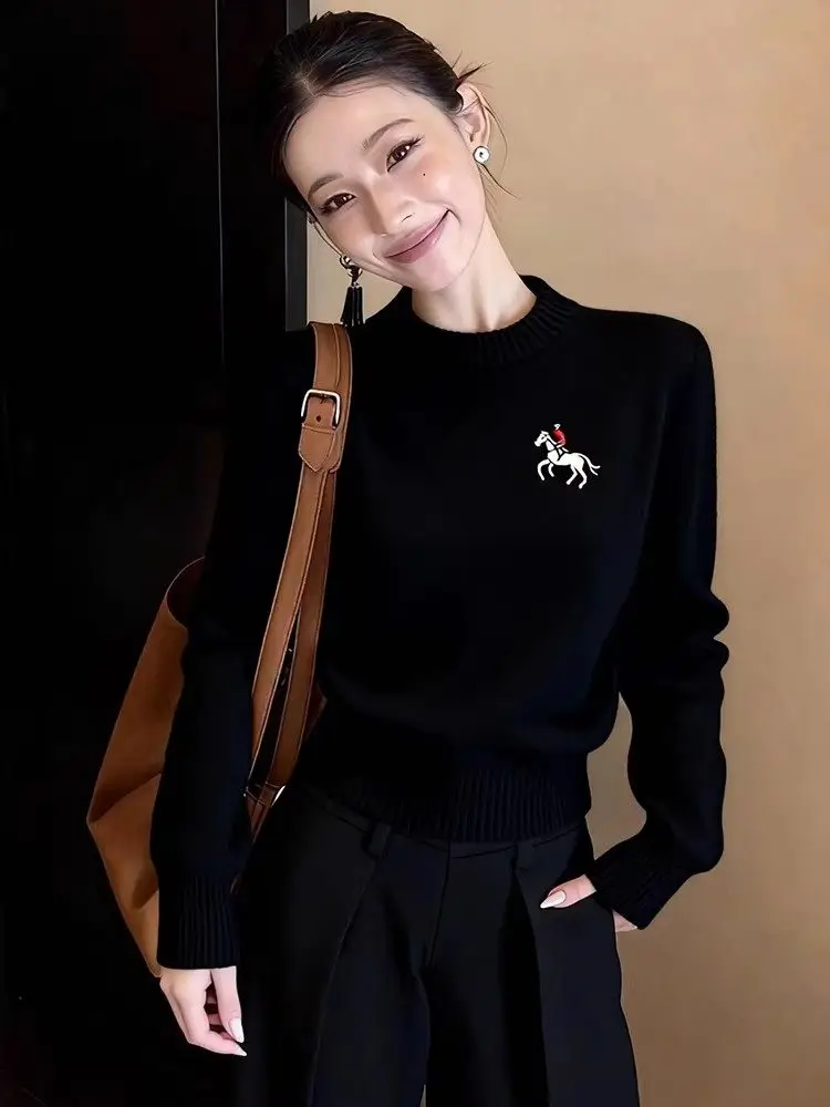 

Женский утепленный короткий вязаный свитер в корейском стиле, черная базовая кофта с вышивкой, теплый топ для осени и зимы