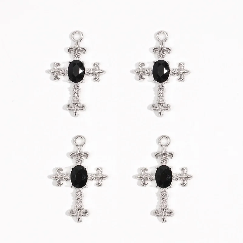 5Pcs Gothic Silver Ten Inlaid Oval Black Rhinestone Metal Cross Pendant Necklace Earrings Bracelet Jewelry Making Accessories view 4