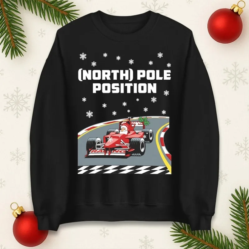 

Santa North Pole Position Car Racing Christmas Jumper Santa Claus Sweatshirt Hoodie Funny Pattern Sweater Personalized Clothing