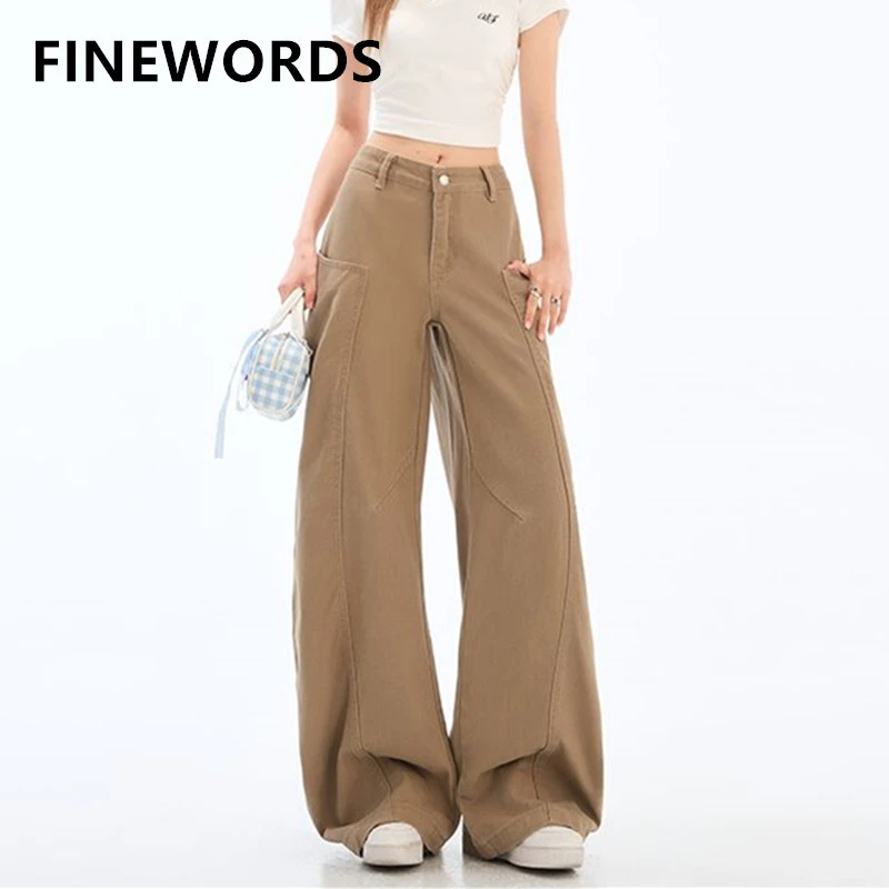 

FINEWORDS винтажные повседневные корейские джинсы цвета хаки женские Easymatch уличная одежда широкие джинсы уличная одежда полная длина мешковатые джинсовые брюки