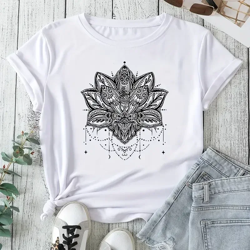 T-shirt stampata con motivo a loto disegnata a mano t-shirt da donna in cotone estivo a maniche corte Street Retro Fashion Top girocollo da donna