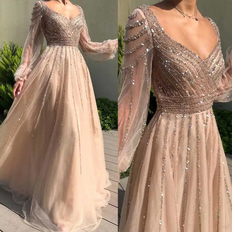 

Modern Evening Dresses V-Neck Sequins Beads Tulle Long Sleeves Crystal Sequins Formal Prom Party Gowns Robe De Soriee Customized