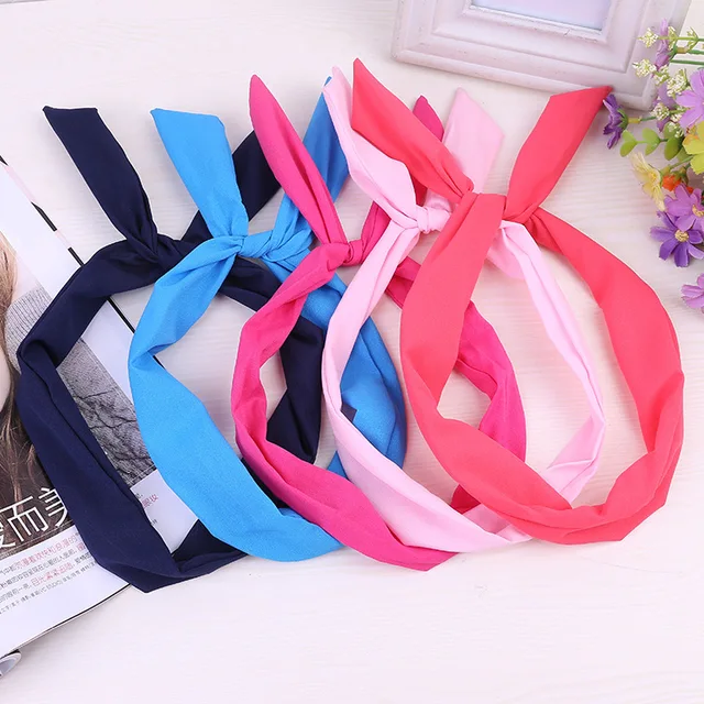 1Pc Cute Solid Color Bunny Rabbit Ear Ribbon Headwear Hairband Metal Wire Scarf Headband Hair Band Akcesoria