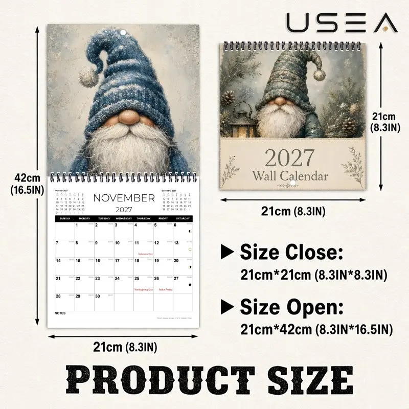 2027 Hanging Wall Calendar,12-Month Monthly Planner&Yearly Organizer,Habit Tracker, Rustic Winter Gnome, Christmas New Year Gift
