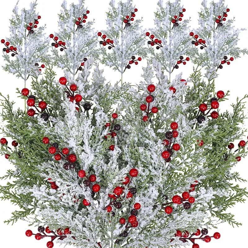 Schnee mattierte Tannenzweige künstliche Beere Tannennadeln Kranz Rebe Rattan Ornamente Home Weihnachtsbaum Party Dekoration Weihnachten