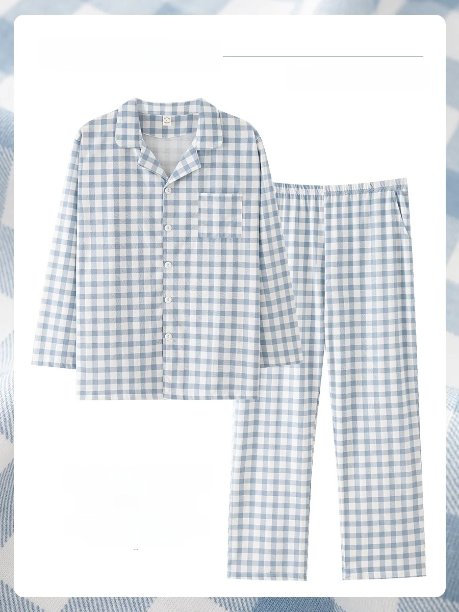 Plaid Cotton Pajamas Men's Spring Autumn Loose Casual Korean Version Set Can Be Worn outside Teenager Home Clothes