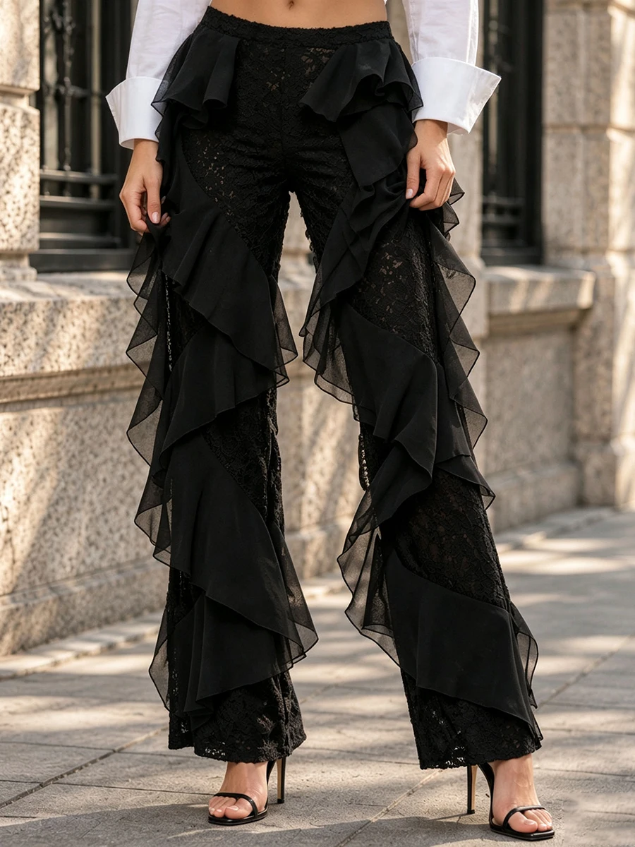 TWOTWINSTYLE Streetwear Chiffon Layered Ruffled Flared Pants for Women Elastic See Through Sheer Mesh Wide Leg Trousers Bottoms