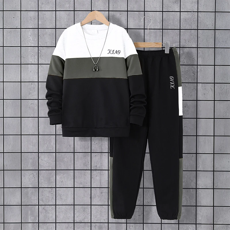 Autumn And Winter Men's Medium And Large Children's Round Neck Adhesive Printed Long Sleeve&Long Pants Two Piece Set