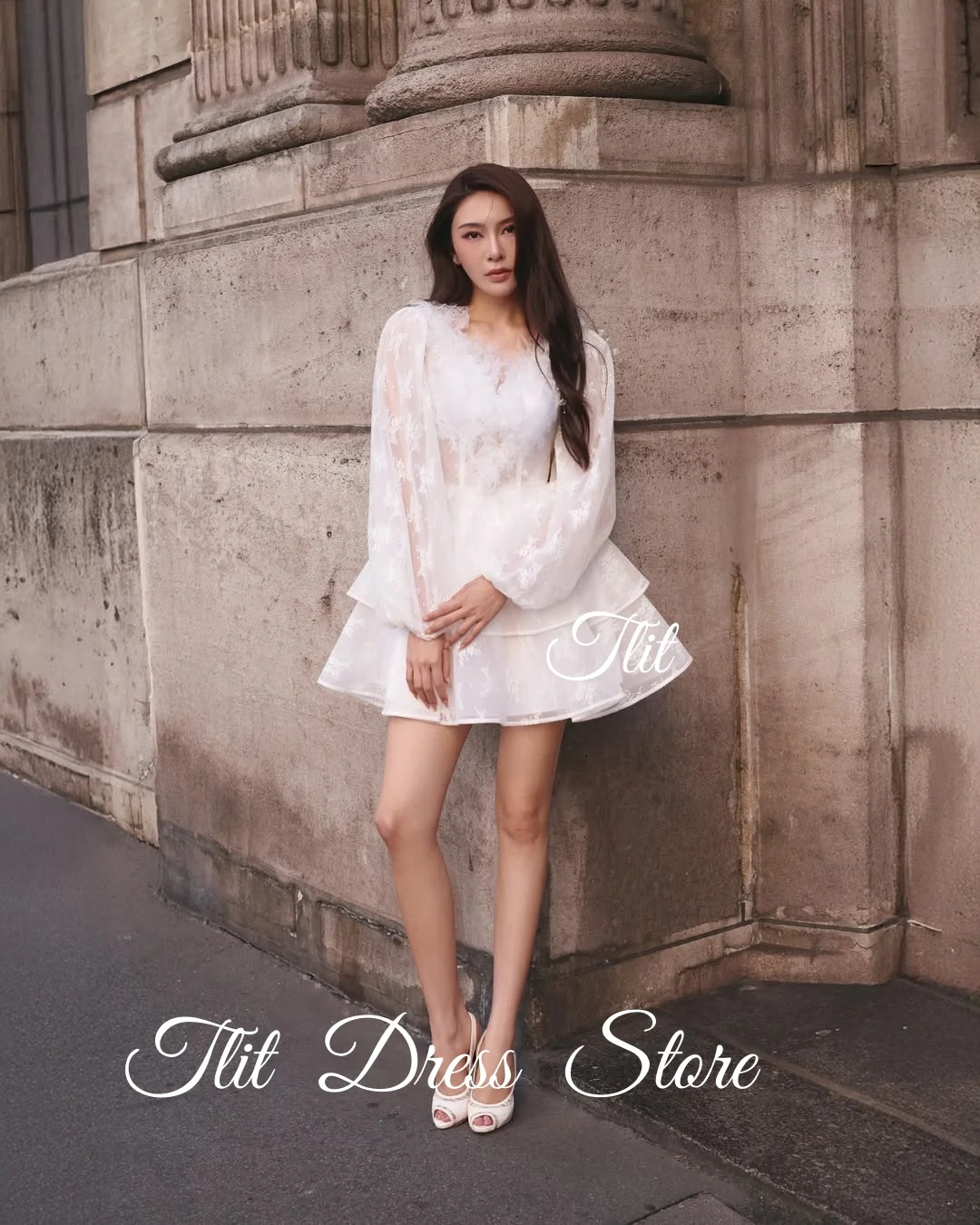 TLIT Elegant White Organza Short A-Line Evening Dress V-Neck Prom Gowns Tiered Feather Long Sleeve Customized vestidos de fiesta