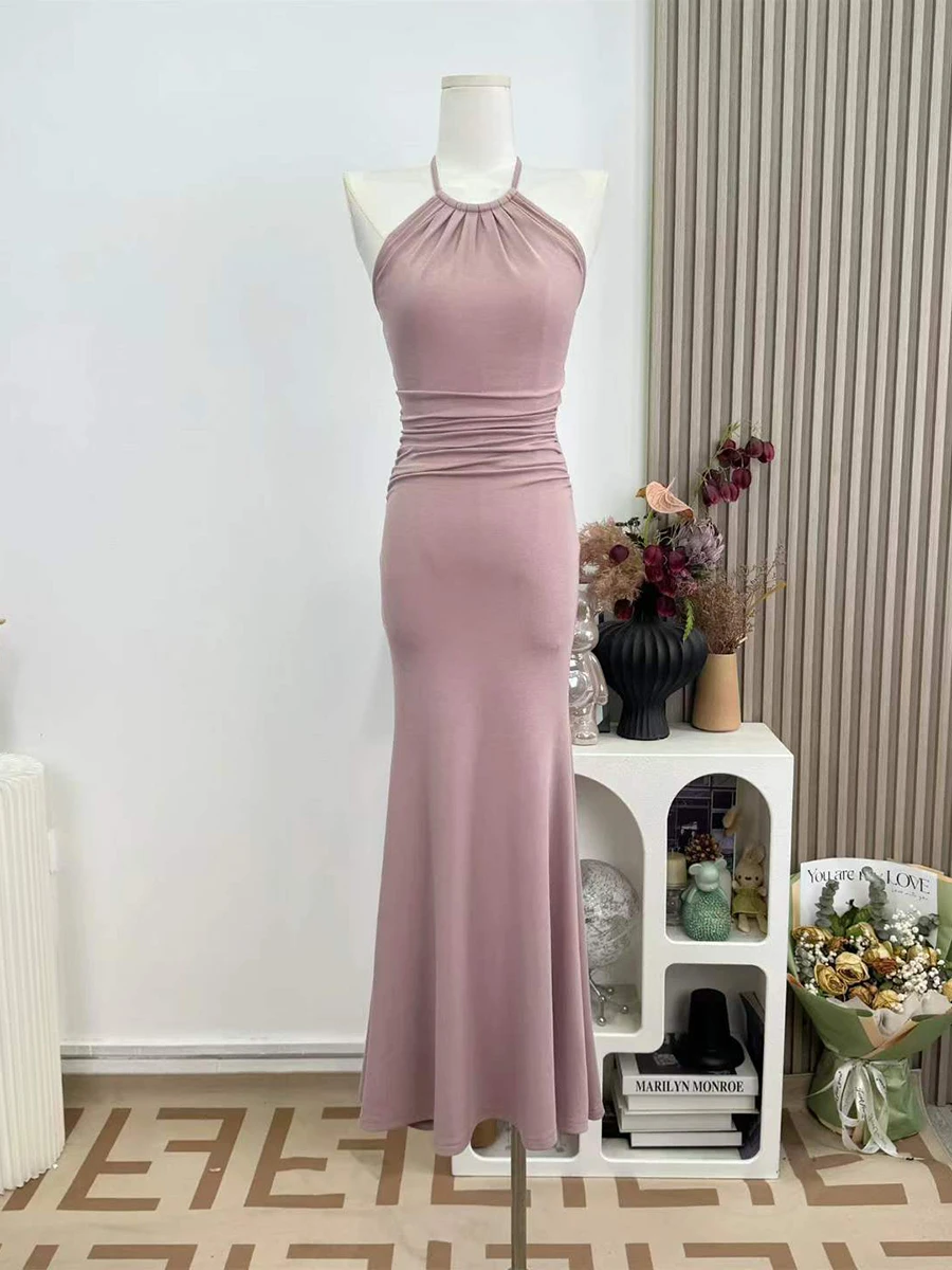 VGH Pink Stretch Knit Midi Maxi Dress for Women Halter Neck Gathered Bust Slim Mermaid Floor Skirts for Soft Tone Outfit Banquet view 3