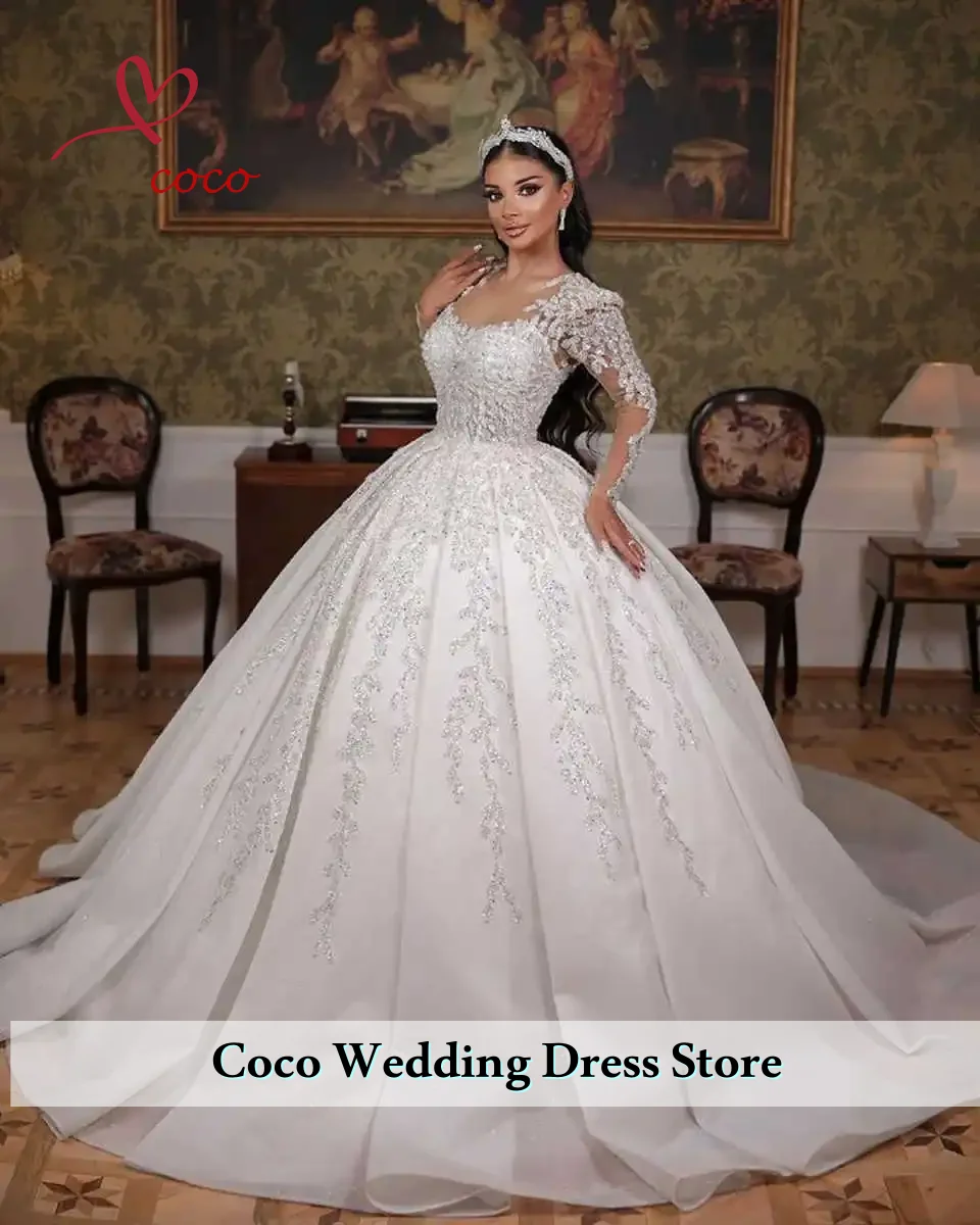 

Customized Luxury Ball Gowns Appliques Sequins Beading O Neck Wedding Dress Ruched Beaded Sweep Train Bridal Dresses