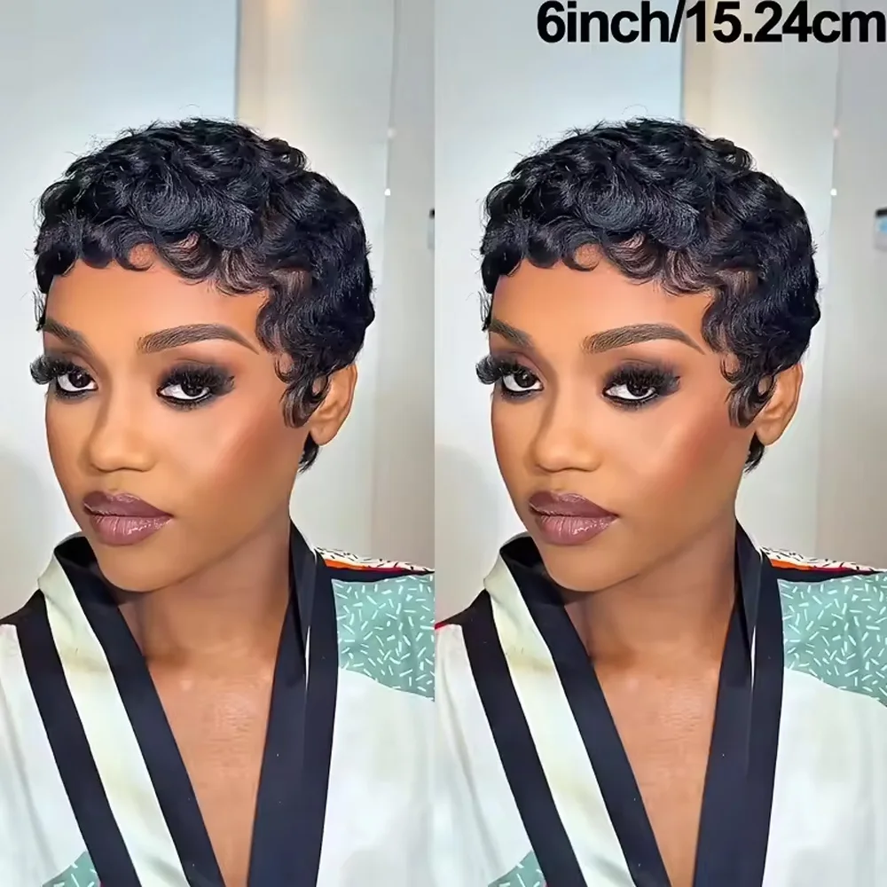 Women's Human Hair Pixie Cut Wig full machine made - Short Layered Curly with Bangs, Natural Black 250% Density image 2