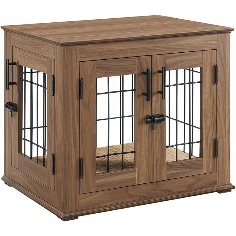 Furniture - Style Dog Crate End Table. Double - Door Wooden & Wire Kennel with Pet Bed, Indoor Crate for Med - Large Dogs