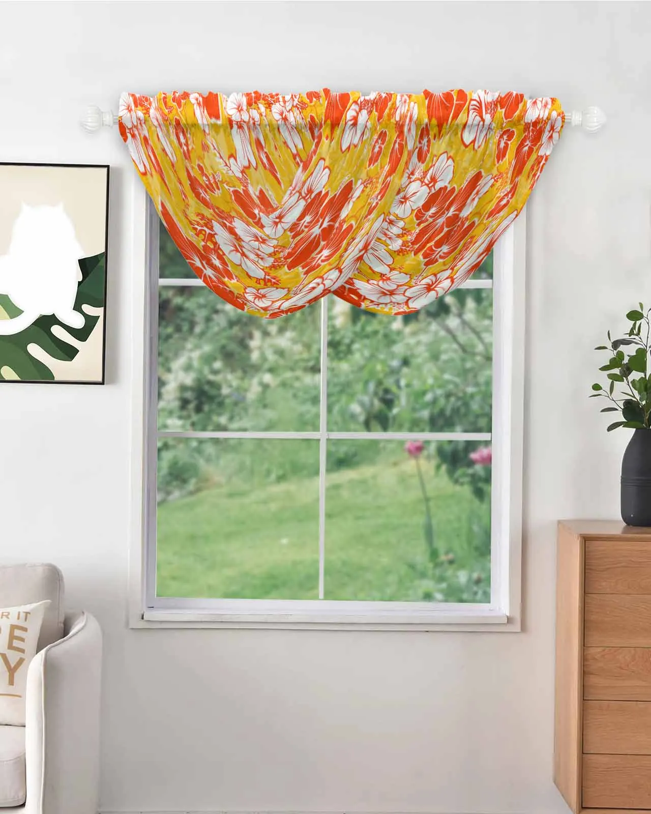 Hawaiian Tropical Flower Texture Tulle Curtain for Kitchen Living Room Sheer Voile Window Valance Cafe Short Curtain