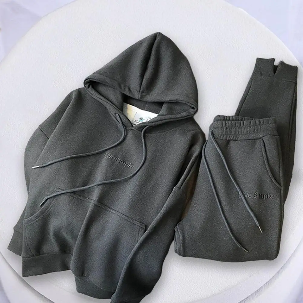 Top Trousers Set Shrinkable Hem Solid Color Women Hoodie Jogging Pants Suit Pockets Fleece Lining Casual Outfit Streetwear