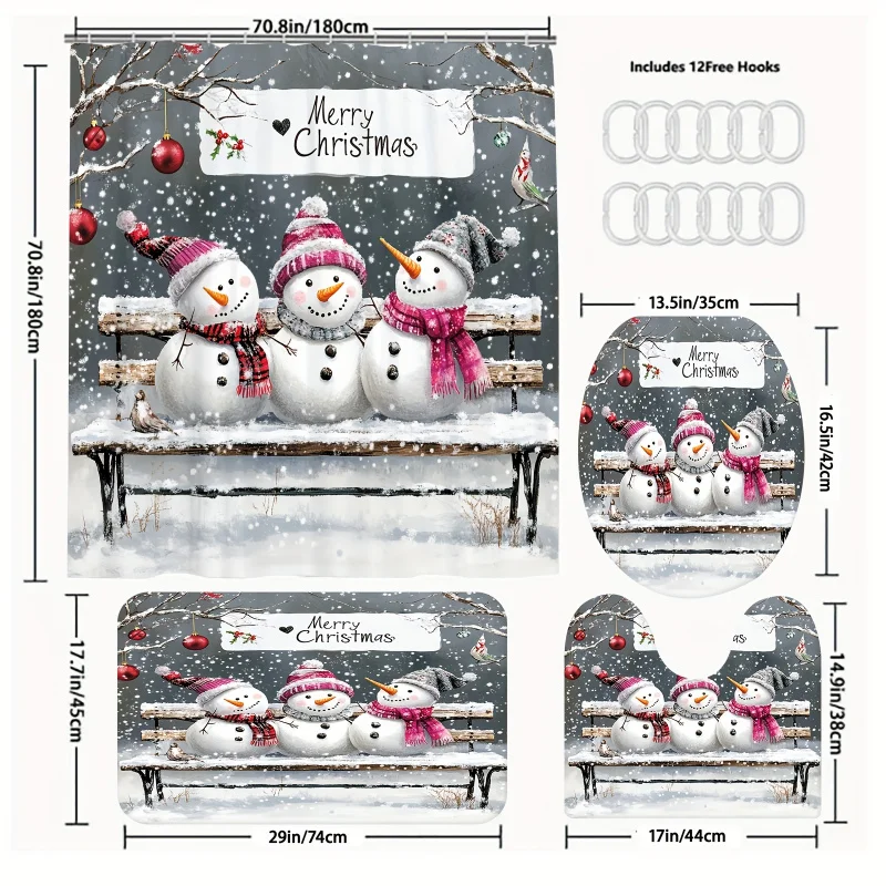 Christmas Theme 1pc/3pcs/4pcs Three Little Snowmen on the Long Bench Shower Curtain Bathroom Set