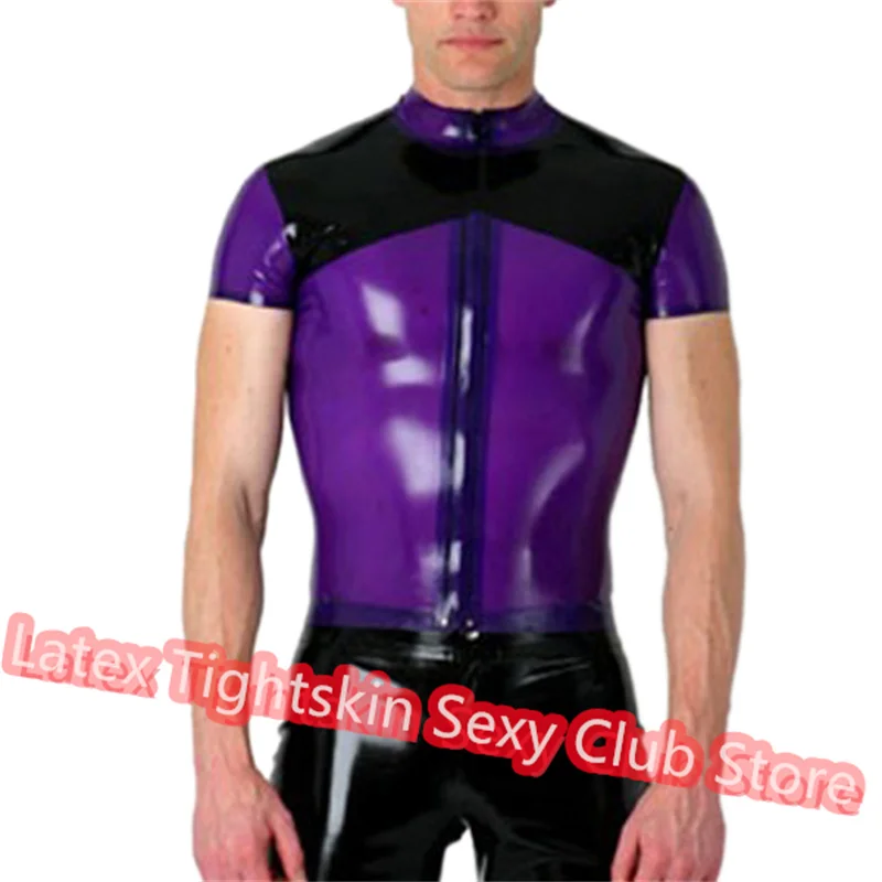 

Handmade Latex Men Shirt Front Zip Man Sexy Tops Rubber Tank Vest Purple with Black Cosplay Costume
