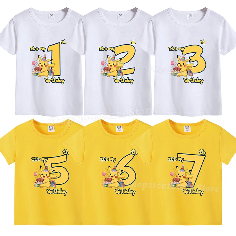 

Pokemons Kids T-shirt Pikachued Cute Birthday Number 1-9 Years Old Anime Print Cotton Streetwear Boys Child Summer Clothing Tops