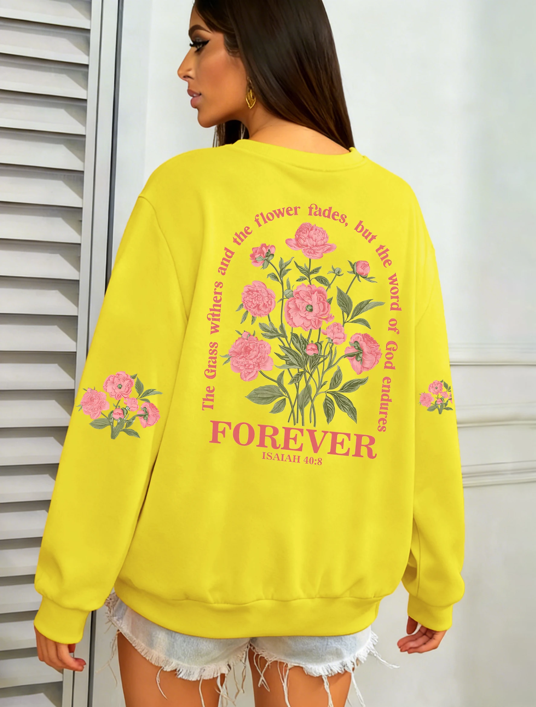 الوردي الزهور الجميلة للأبد الطباعة البلوز امرأة عادية Y2K متعدد الألوان الشارع الشهير فضفاض البلوفرات الصوف س الرقبة الملابس