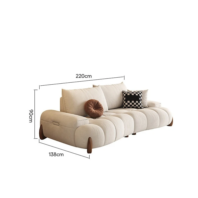 Cream Style Block Puff Fabric Sofa Modern 3-Seater Leisure Couch With Wood Legs For Living Room Apartment Indoor Home Furniture
